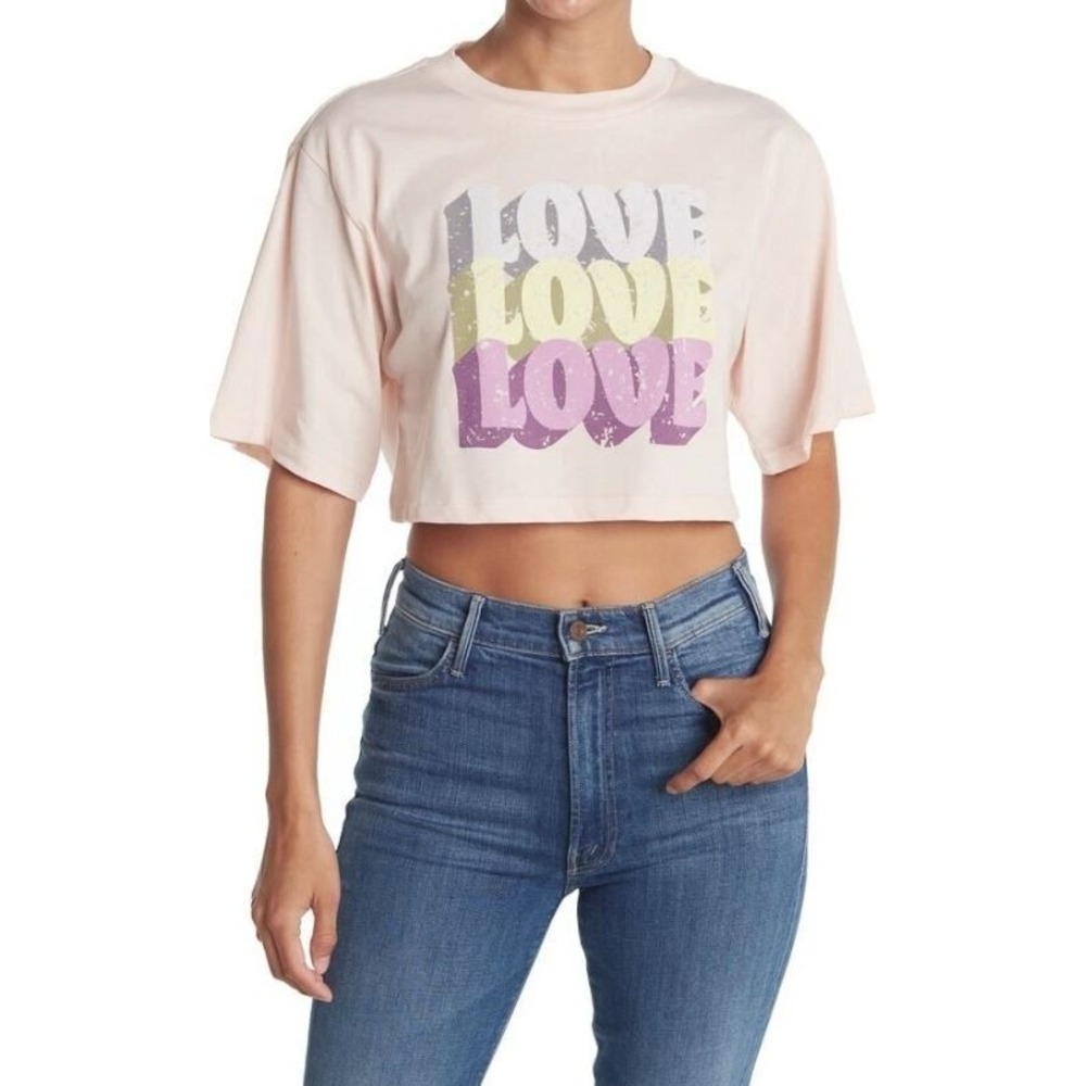 Abound Women's Love Graphic Print Short Sleeve Crew Crop Top Pink Creole Love SM